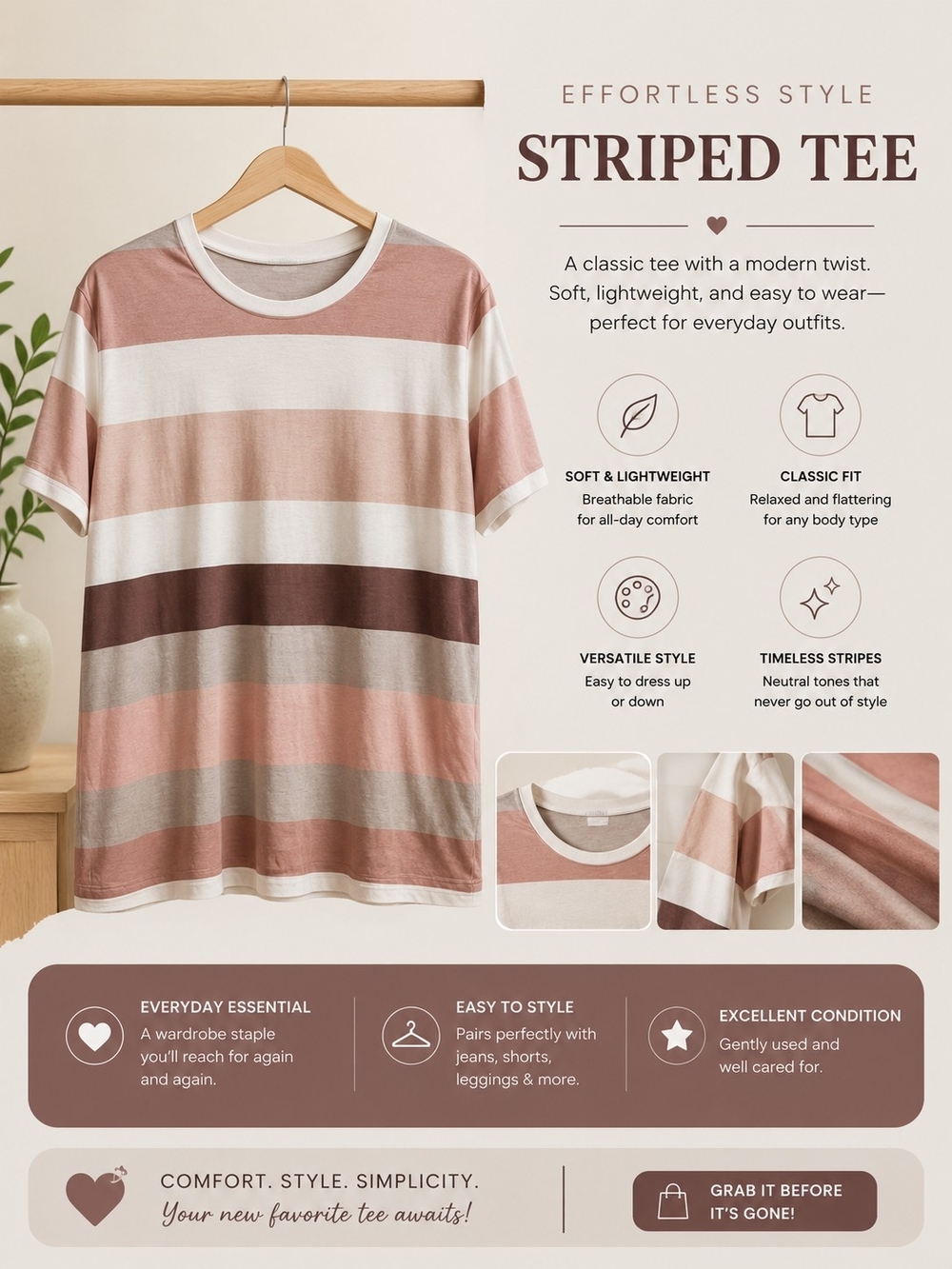 SHEIN Women's Striped Short Sleeve Tee — Pink, White & Brown